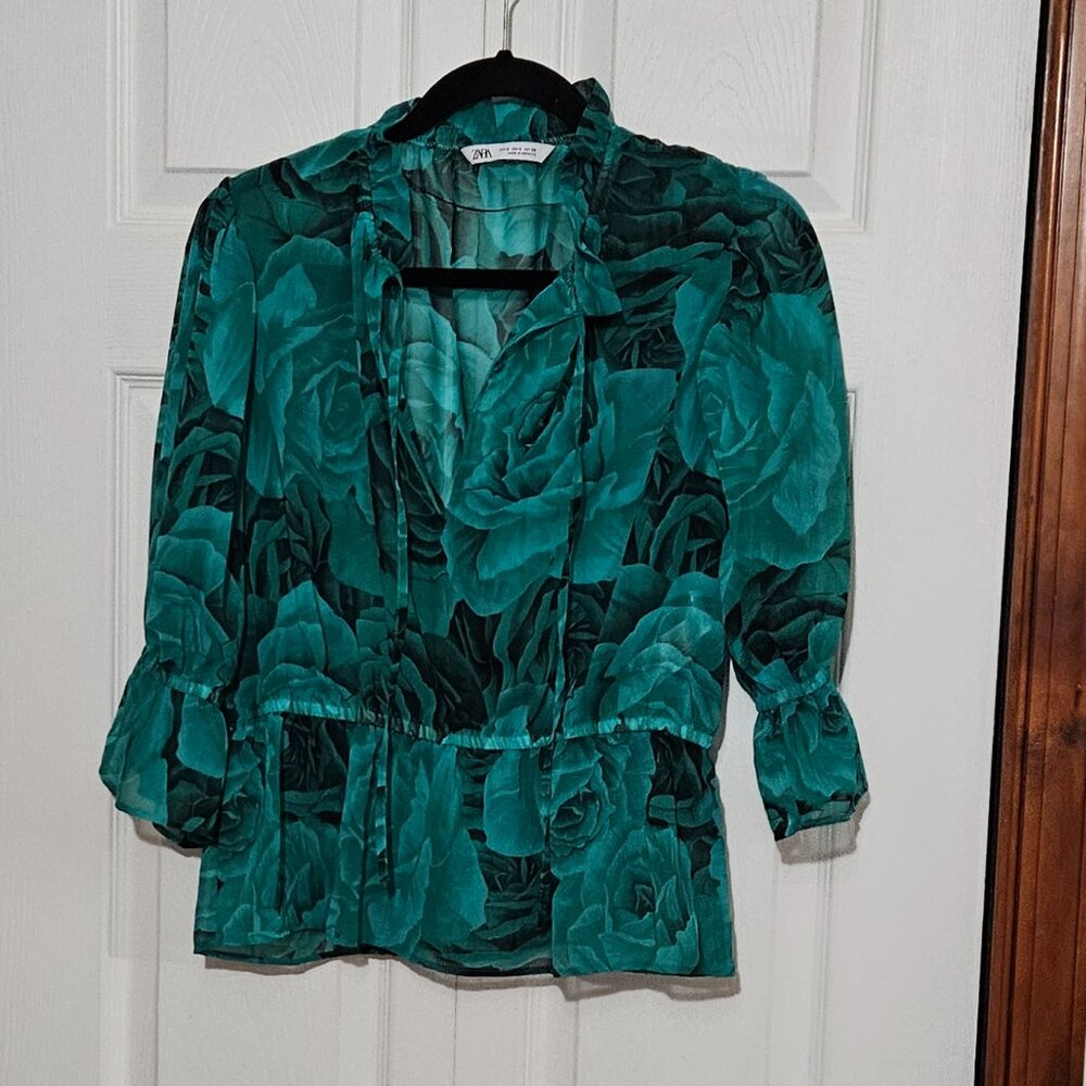 Ladies Zara Green & Black Sheer Rose Print Blouse Size Small